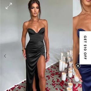 Strapless corset top formal gown, black satin. Size small.